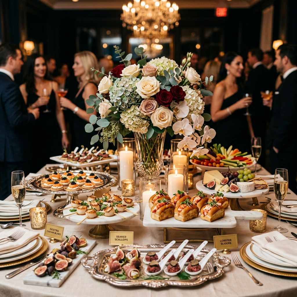 Elegant catering table setting with floral centerpiece