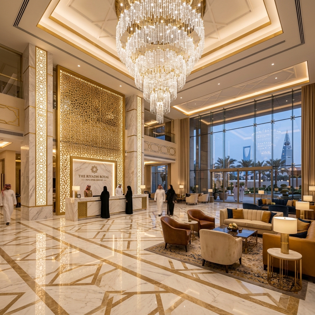 Elegant hotel lobby with grand chandelier